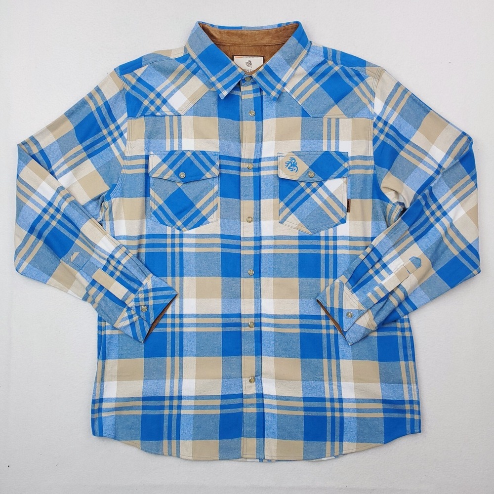 Legendary Whitetails Shirt Men Extra Large Blue Plaid Flannel Pearl Snap Western
